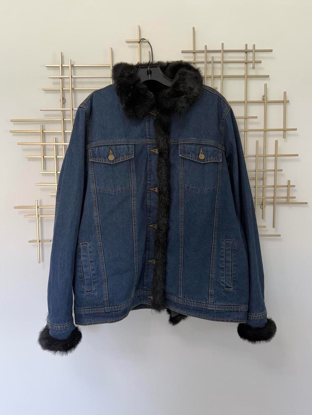 dennis basso Blue Denim Jacket with Black Faux Fur Trim
